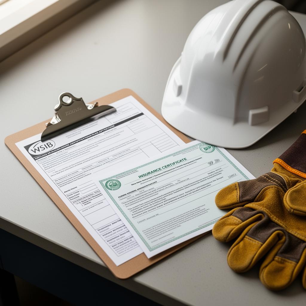 WSIB paperwork and insurance certificate on a workbench
