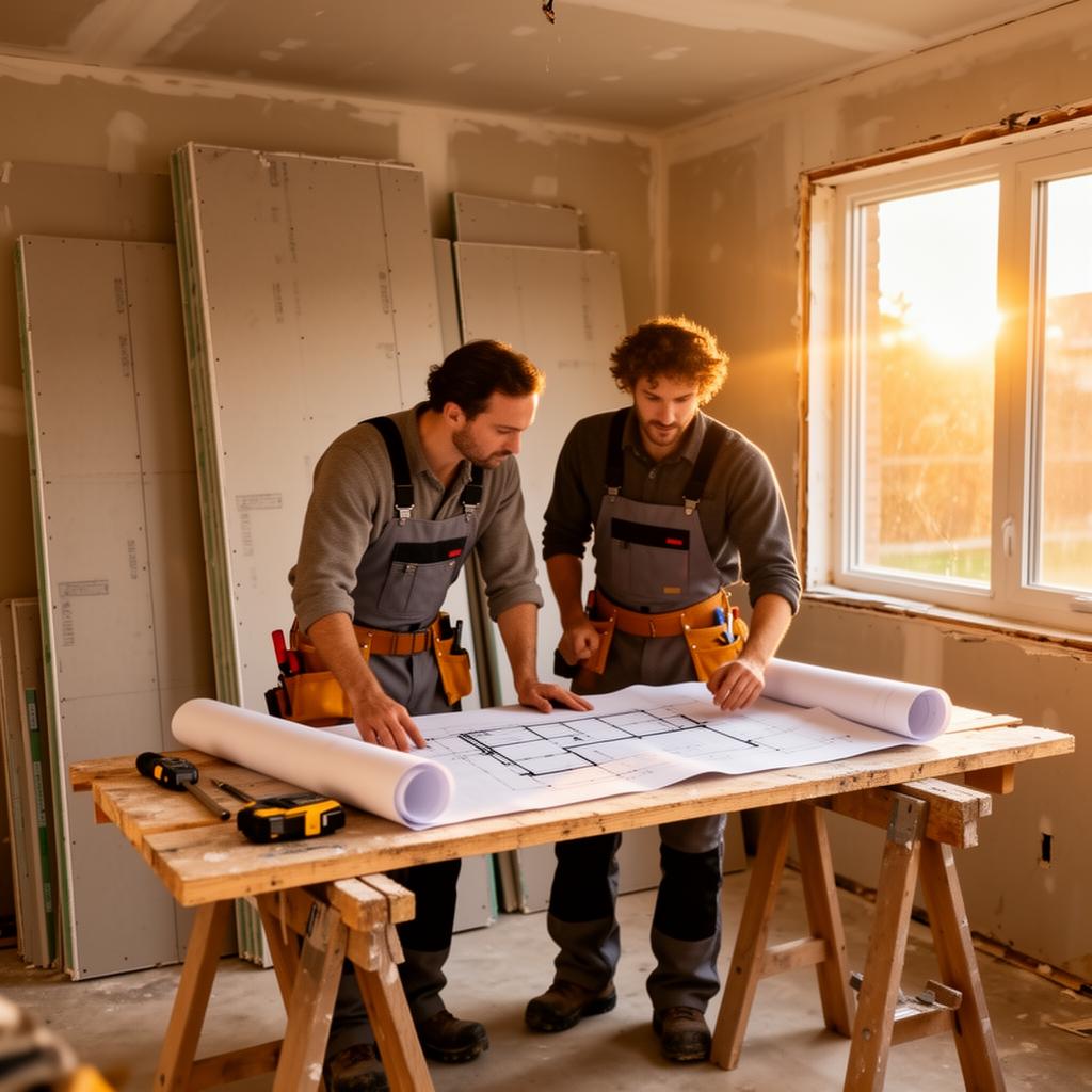 Plaster & Plane founders reviewing blueprints on a Toronto jobsite