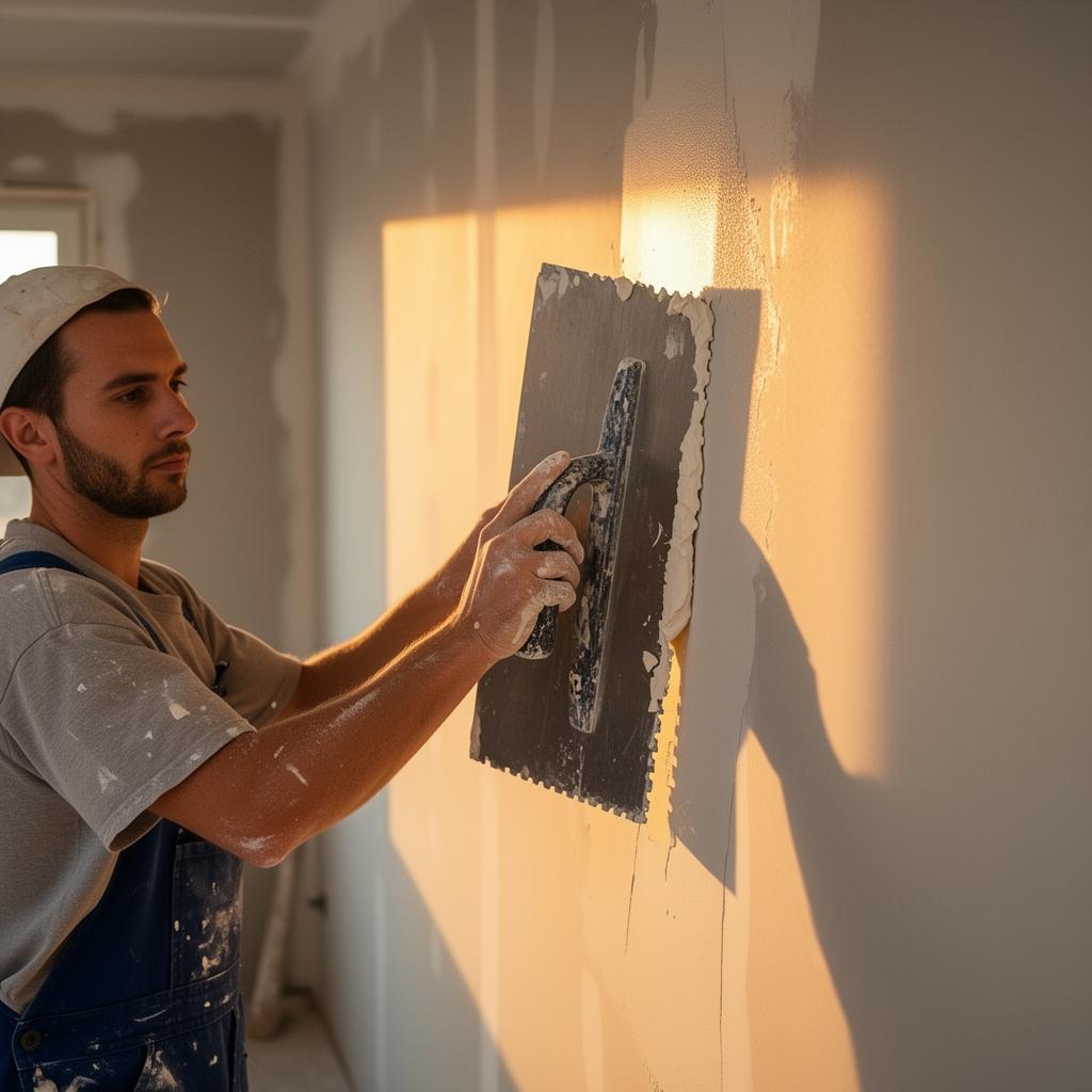 Drywall finisher hand-skimming a wall in golden light